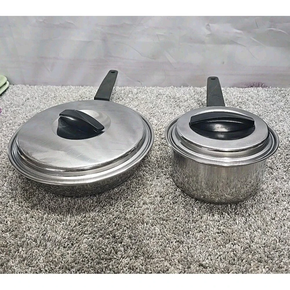 Vintage Flint Ware By Ekco 1 Qt Stainless Steel Sauce Pan With Lid And Skillet